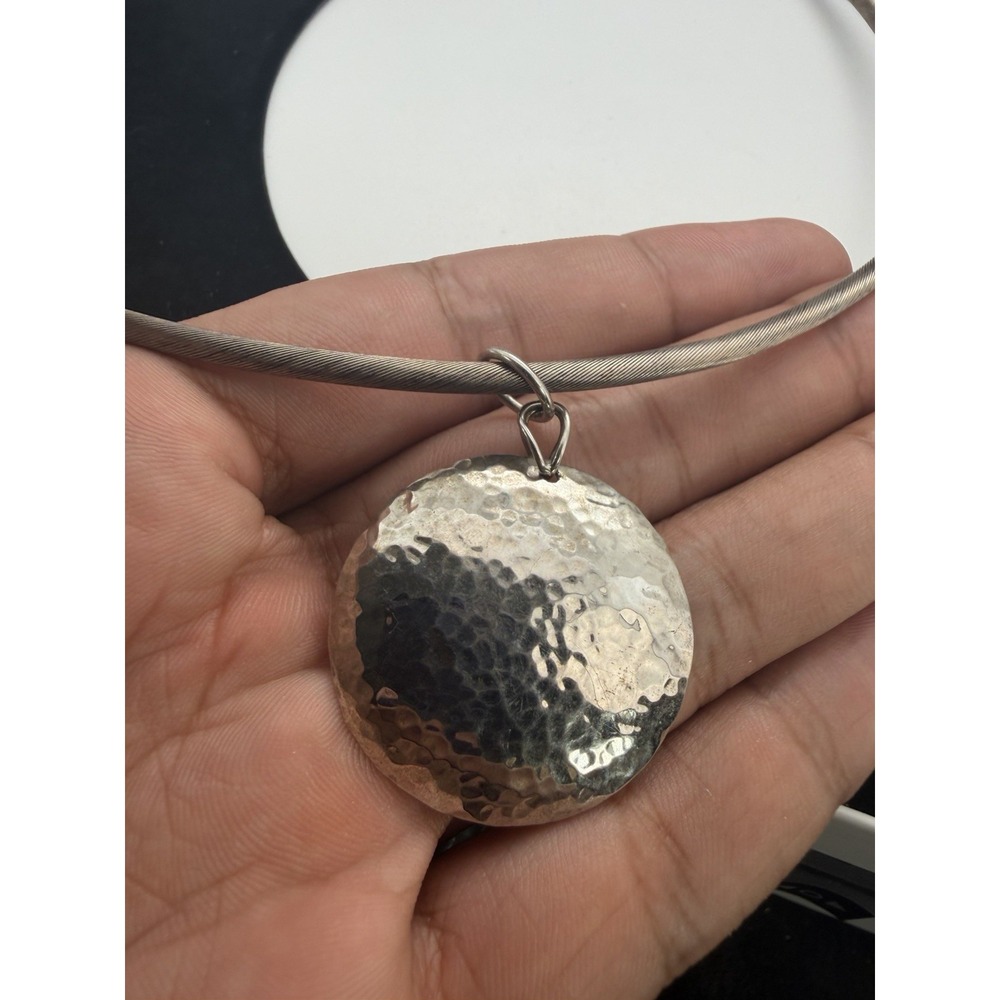 Vintage Namco Sterling Silver Hammered Disk Pendant Necklace 925 14in